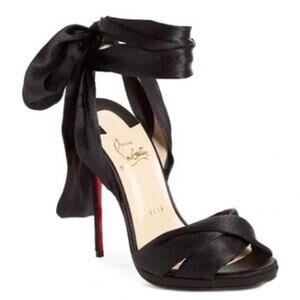 Christian Louboutin Tres Frais 120 Black Satin Ankle Tie Sandals Red Sole 38.5